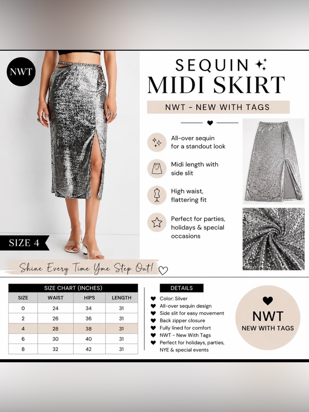 Future Collective Silver Sequin Midi Skirt – Women’s Size 4 – NWT